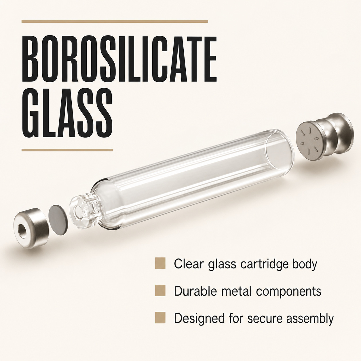 Exploded view of a clear PQP Cartridge body with metal end components