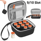 Black compact vial travel case open to show the foam slots and mesh lid pocket; displayed contents are not included