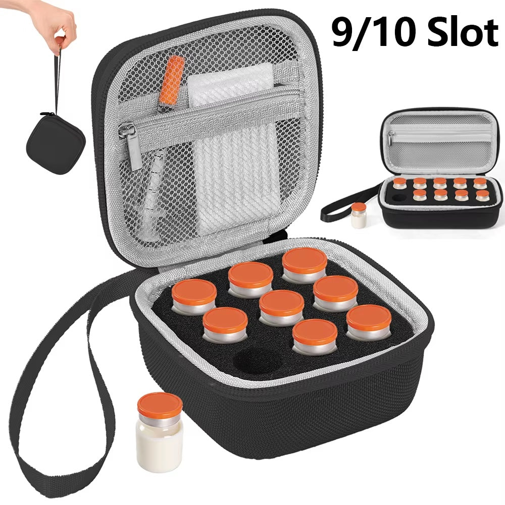 Black compact vial travel case open to show the foam slots and mesh lid pocket; displayed contents are not included