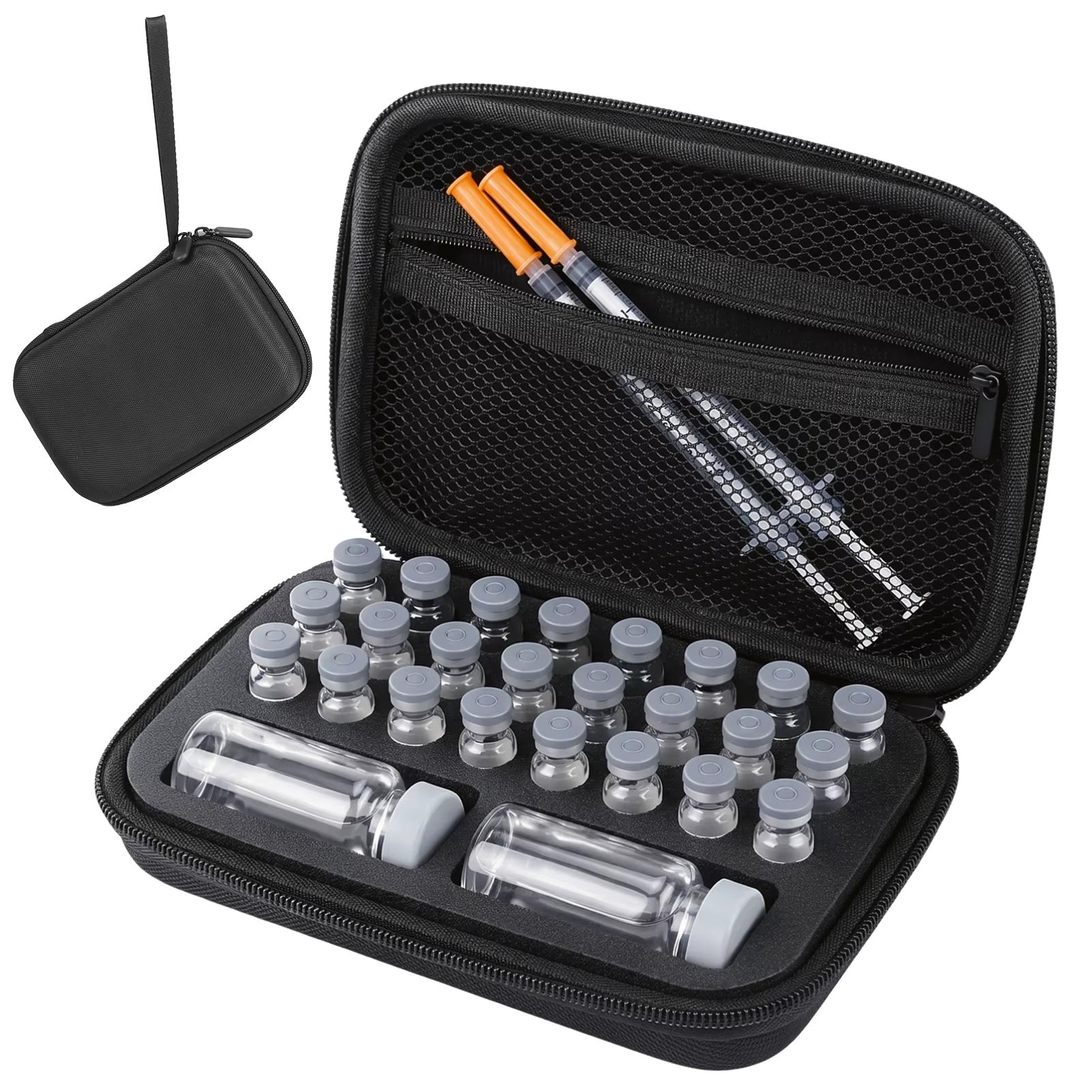 Black 26-slot storage case open to show the foam tray and mesh lid pocket; displayed contents are not included