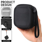 Black compact vial travel case showing zip closure and wrist strap