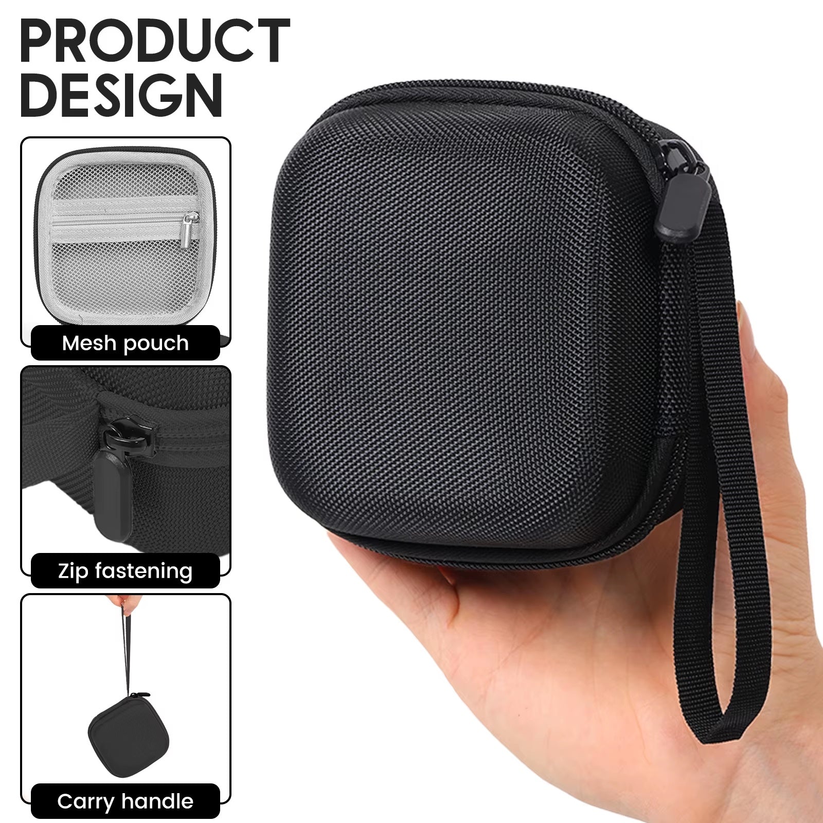 Black compact vial travel case showing zip closure and wrist strap