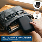 Black compact hard-shell organiser with wrist strap being placed in a bag