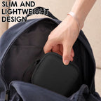 Black compact vial travel case being placed in a backpack