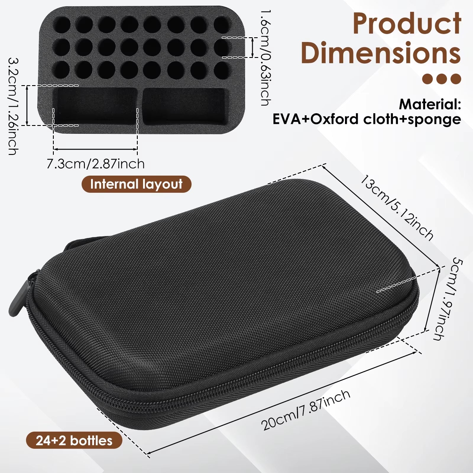 Supplier dimensions and internal layout for the black 26-slot storage case