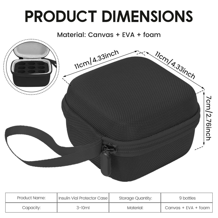 Black compact vial travel case with 9-slot layout