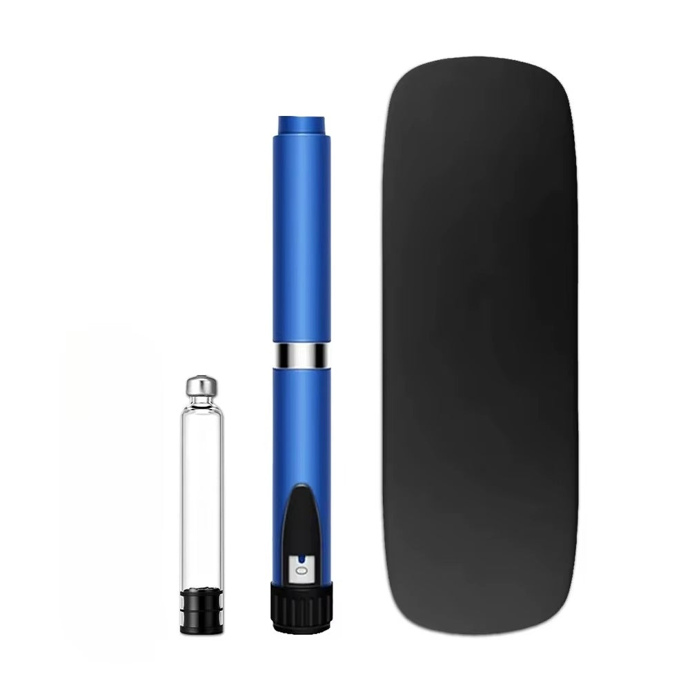 Blue quick pen device with black travel case and supplier-listed cartridge