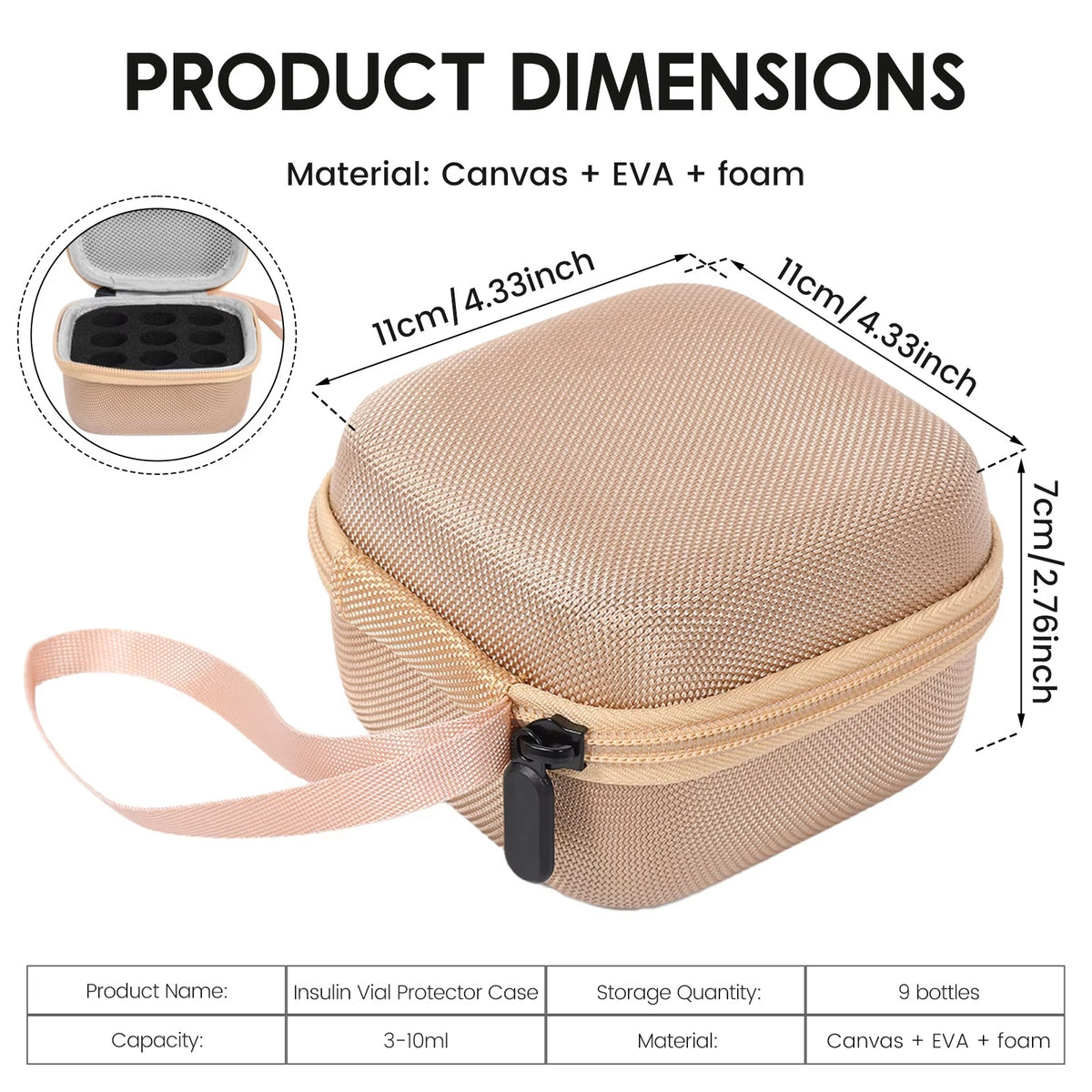 Gold compact vial travel case with 9-slot layout