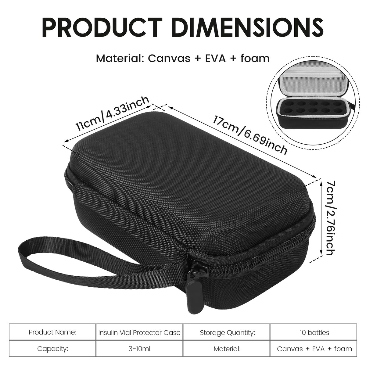 Black compact vial travel case with 10-slot layout