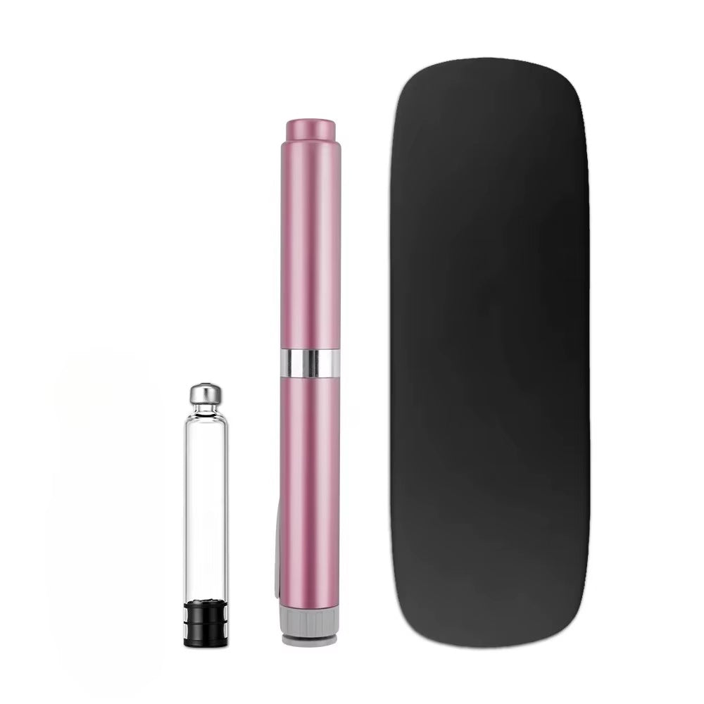 Pink quick pen device with black travel case and supplier-listed cartridge