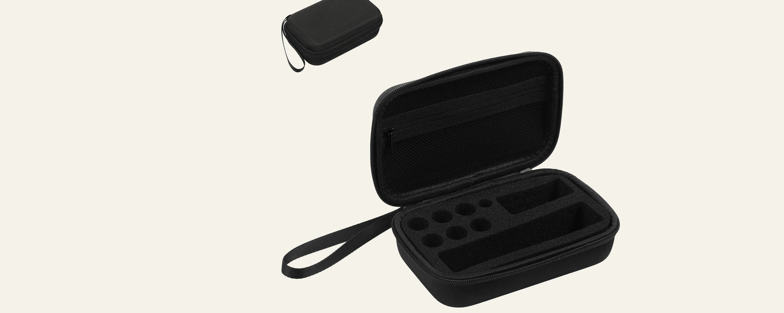 Open black hard-shell travel case with foam storage compartments