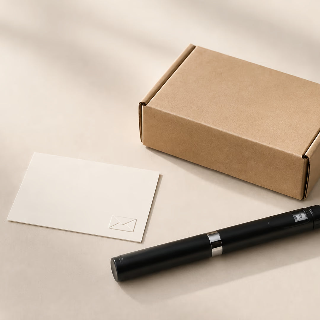 Plain parcel, blank support card and black reusable pen