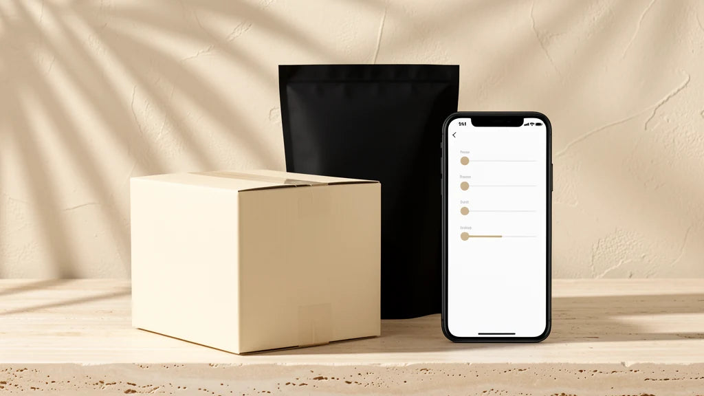 Discreet parcel beside a phone displaying delivery progress.